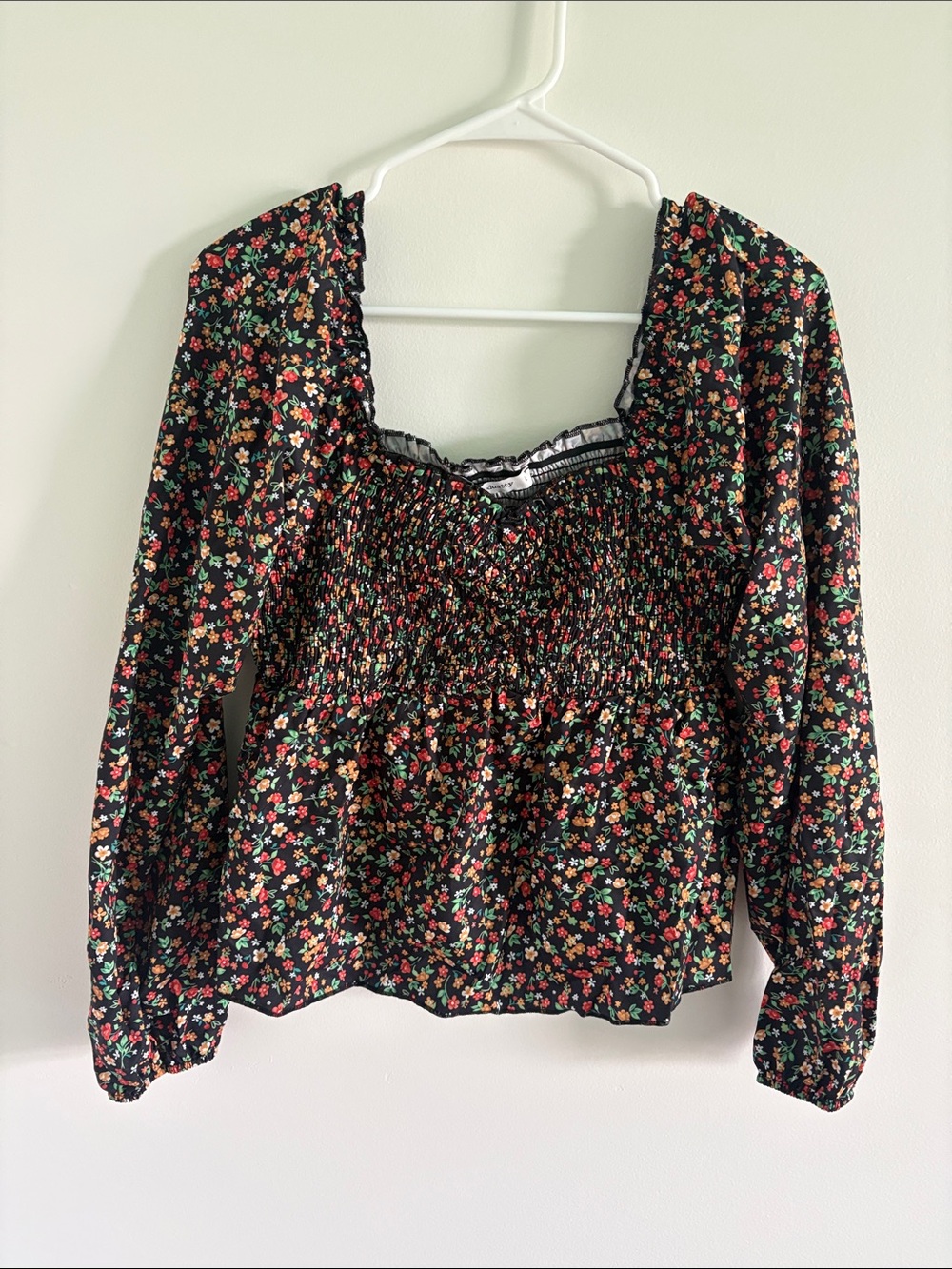 Smocked Square-Neck Floral Blouse in Black with Multi Flowers